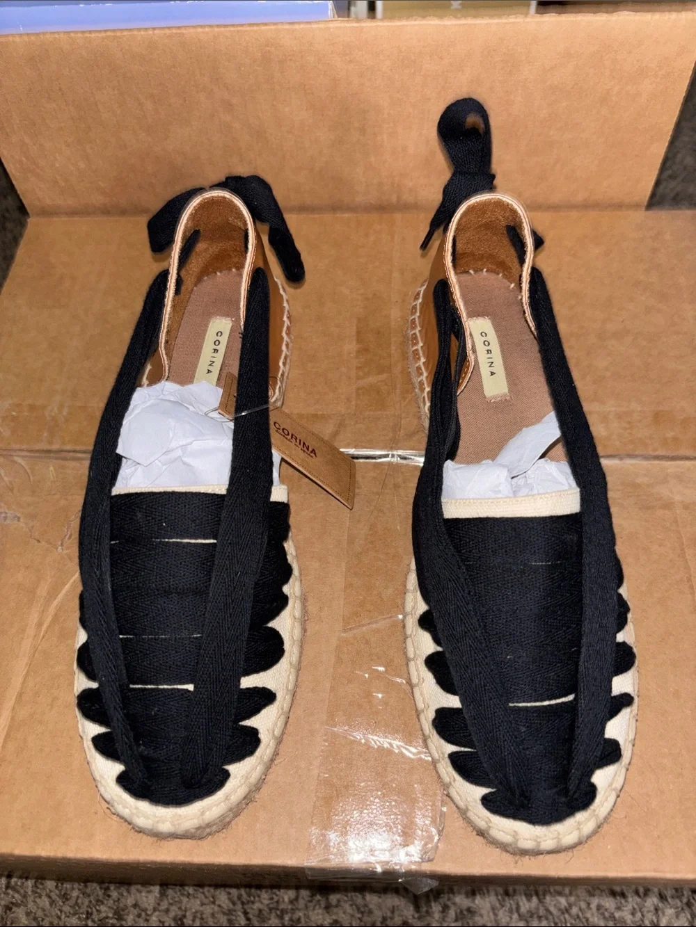 Canvas Espadrille Lace-Up Wedge in Black, Cream & Tan